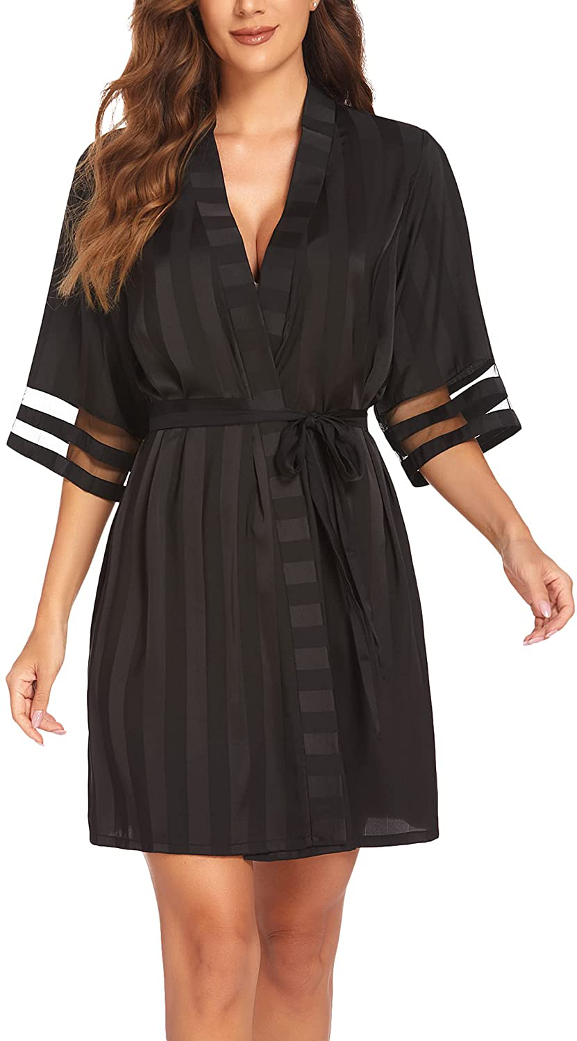 Ekouaer Womens Satin Robe Lightweight Kimono Bathrobe 3/4 Bell Sleeve Bridesmaid Bride Party Robes S-XXL Apparel & Accessories > Clothing > Sleepwear & Loungewear > Robes Ekouaer Black-jacquard Medium 