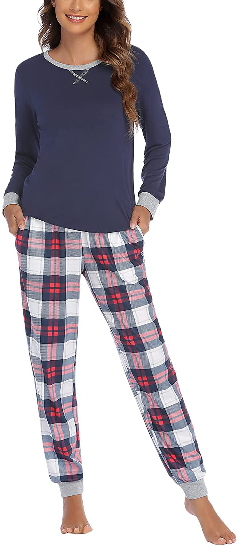 Ekouaer Women's Pajamas Sets Long Sleeve with Plaid Pants Soft Sleepwear O Neck 2 Piece Pjs Joggers Loung Set with Pockets Apparel & Accessories > Clothing > Sleepwear & Loungewear > Pajamas Ekouaer   