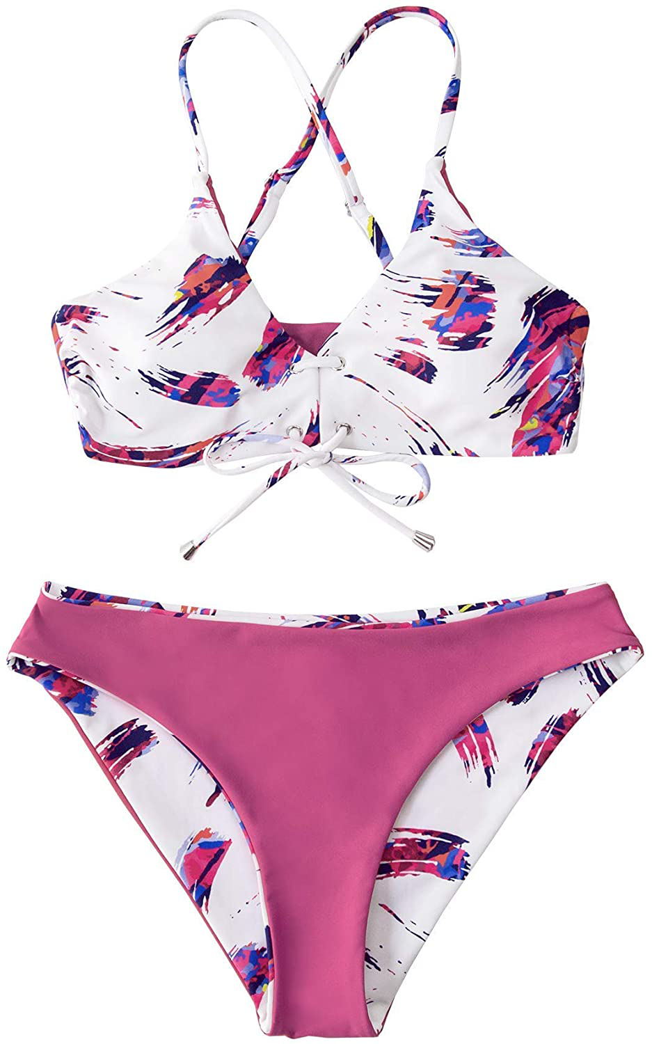 CUPSHE Women's Reversible Lace Up Bikini Sets Floral and Striped Apparel & Accessories > Clothing > Swimwear CUPSHE   