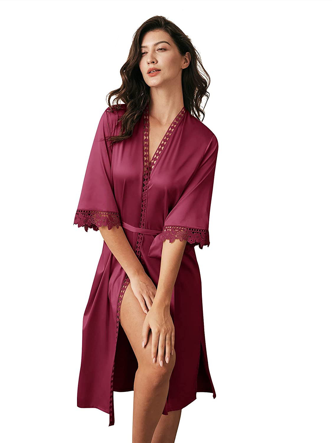 AW BRIDAL Women'S Satin Robe Lace Trim Kimono Robes Long Silk Bathrobe Bridesmaid Robes Wedding Party Loungewear Sleepwear Apparel & Accessories > Clothing > Sleepwear & Loungewear > Robes AW BRIDAL   