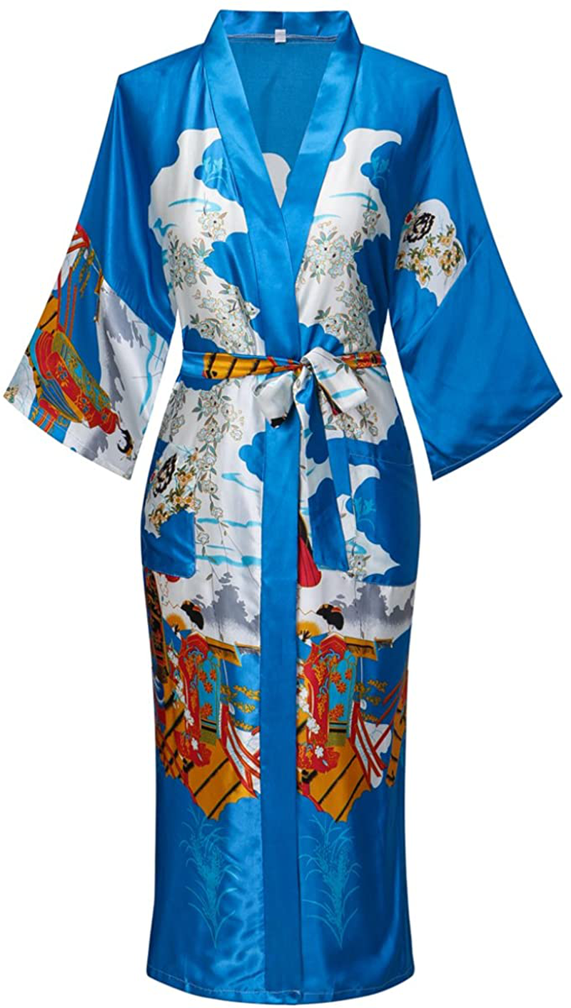 Dandychic Women'S Kimono Robes Lightweight Imitation Silk Sleepwear Long Lightweight Nightgown for Women Apparel & Accessories > Clothing > Sleepwear & Loungewear > Robes DandyChic Blue Large 