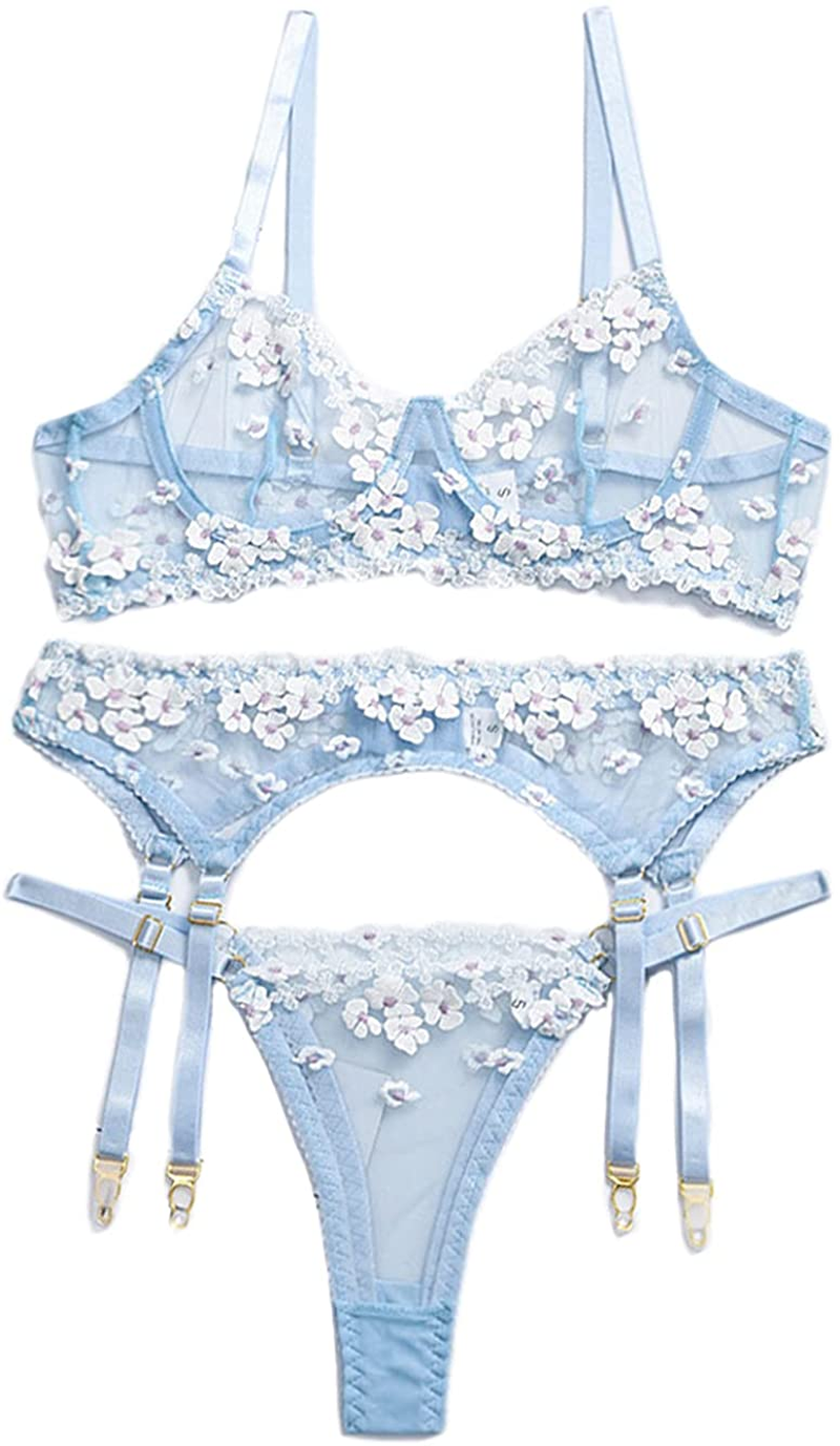 Kaei&Shi Embroidered Applique Lace Lingerie,Underwire Mesh Sheer Honeymoon Matching 3 Piece Lingerie Set Apparel & Accessories > Clothing > Underwear & Socks > Lingerie Kaei&Shi Blue 10-12 