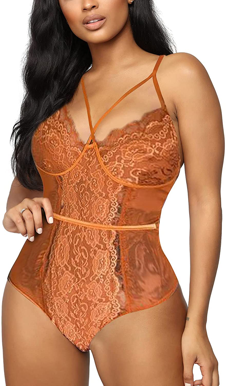 Aranmei Women's Sexy Eyelash Lace bodysuit Snap Crotch Teddy Lingerie Apparel & Accessories > Clothing > Underwear & Socks > Lingerie Aranmei Brown XX-Large 
