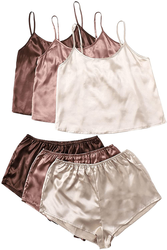 Shein Women'S 3 Sets Satin Pajama Set Sleeveless Crop Cami and Elastic Waist Shorts Sleepwear Lounge Set Apparel & Accessories > Clothing > Sleepwear & Loungewear Kylie Max   
