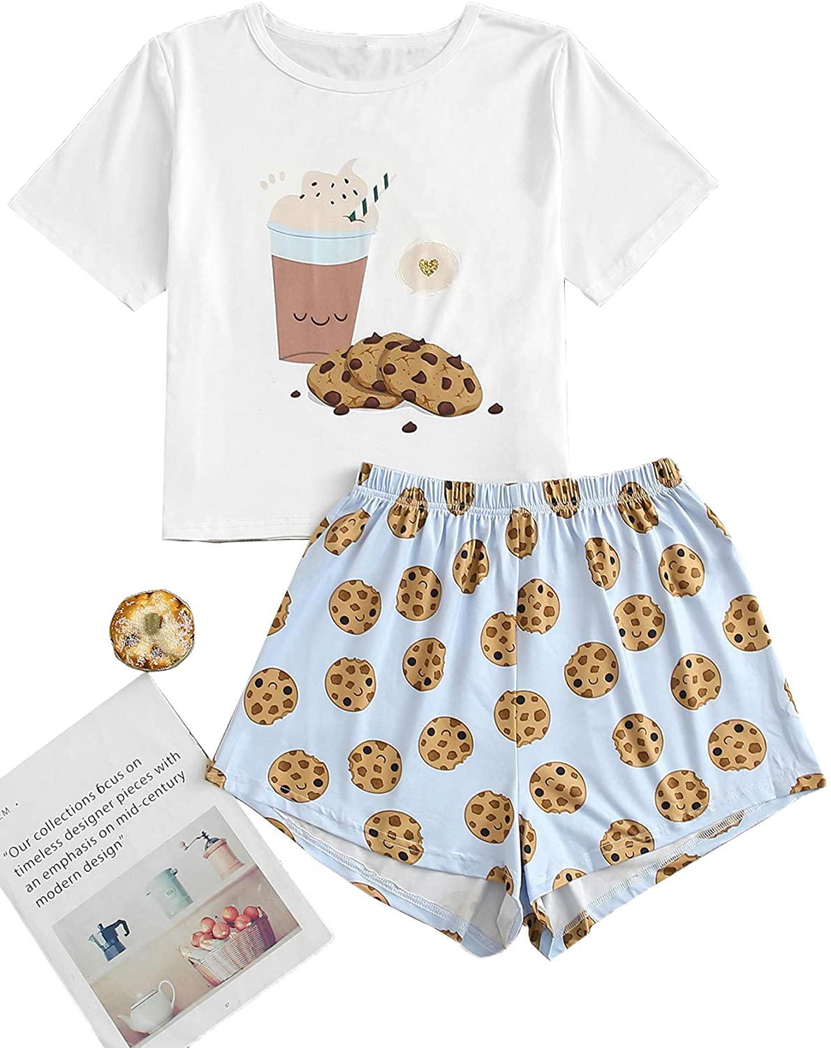 ROMWE Women'S 2 Piece Pajama Set Cartoon Print Short Sleeve Tops and Shorts Lounge Set Apparel & Accessories > Clothing > Sleepwear & Loungewear Kylie Max   