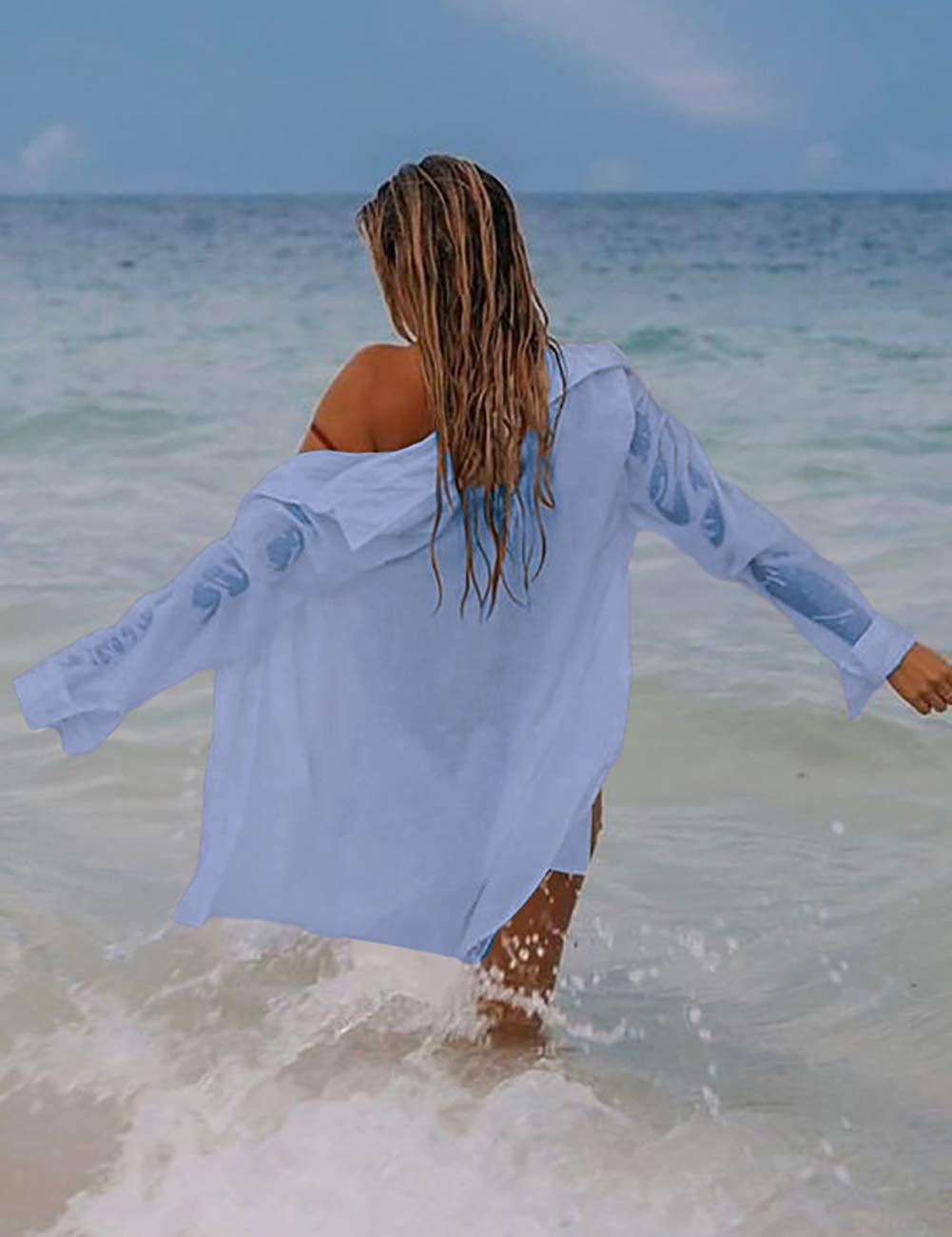 Bsubseach Women Long Sleeve Beach Shirt Blouses Turn down Collar Bathing Suit Cover Ups Apparel & Accessories > Clothing > Swimwear Kylie Max   