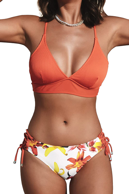 CUPSHE Women's Bikini Swimsuit Floral Print Lace Up V Neck Two Piece Bathing Suit Apparel & Accessories > Clothing > Swimwear CUPSHE Coral X-Large 