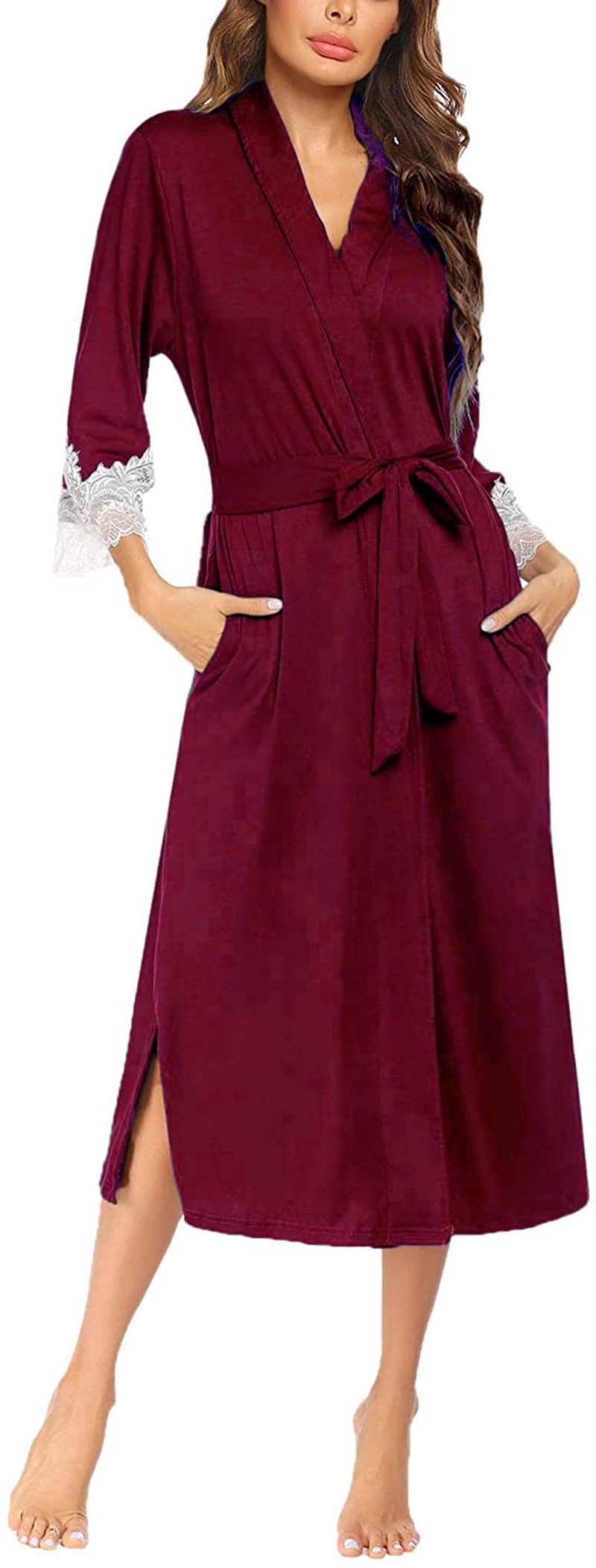 Ekouaer Women Kimono Robes Lightweight Robe Long Knit Bathrobe Soft Sleepwear Ladies Loungewear S-XXL Apparel & Accessories > Clothing > Sleepwear & Loungewear > Robes Ekouaer Wine Red XX-Large 