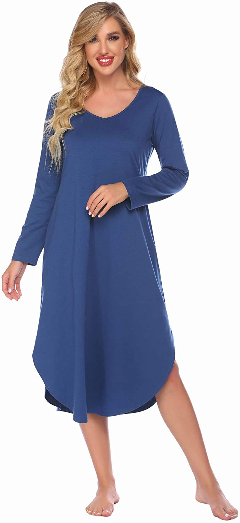 Ekouaer Nightgowns Womens V Neck Nightshirts Long Sleeve Sleepwear plus Size Night Wear S-XXL Apparel & Accessories > Clothing > Sleepwear & Loungewear > Nightgowns Kylie Max   