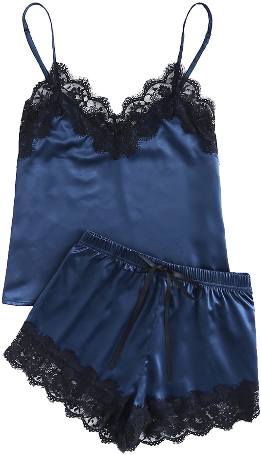Makemechic Women'S Lace Satin Sleepwear Cami Top and Shorts Pajama Set Apparel & Accessories > Clothing > Sleepwear & Loungewear Kylie Max   