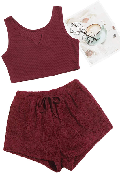 Verdusa Women'S 2 Piece PJ Set Notched Tank Top & Teddy Shorts Fuzzy Lounge Pajama Set Apparel & Accessories > Clothing > Sleepwear & Loungewear Kylie Max   