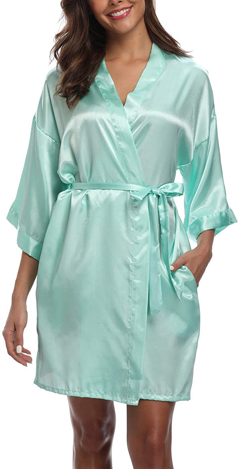 Old-Times Women'S Pure Color Silk Kimono Short Robes for Bridesmaids and Bride Apparel & Accessories > Clothing > Sleepwear & Loungewear > Robes Old-Times Mint Green Medium 