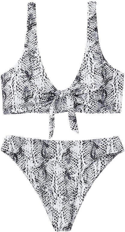 SweatyRocks Women's Sexy Bikini Swimsuit Tie Knot Front Leopard Print Swimwear Set Apparel & Accessories > Clothing > Swimwear SweatyRocks Snakeskin Small 