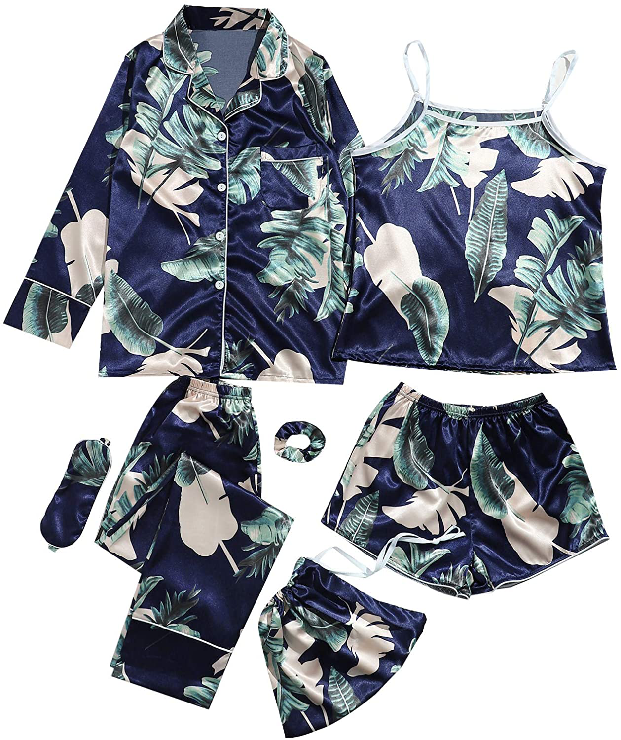 SheIn Women's 7pcs Pajama Set Cami Pjs with Shirt and Eye Mask Apparel & Accessories > Clothing > Sleepwear & Loungewear > Pajamas SheIn Deep Navy X-Large 