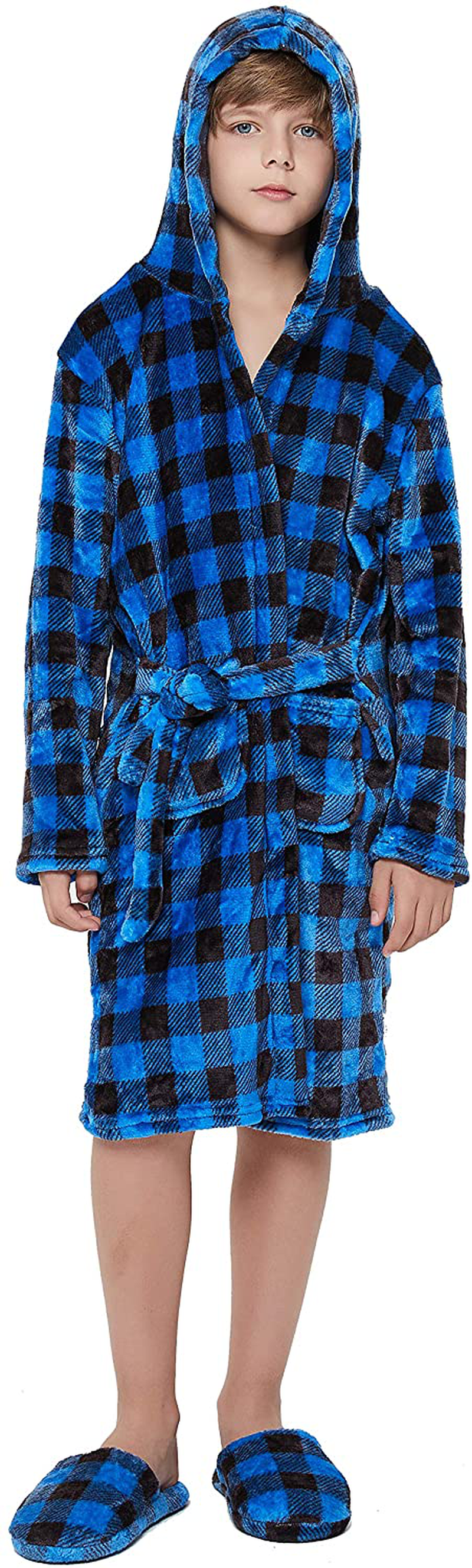 Kids Soft Plush Hooded Bathrobe Matching Slippers,Spa Robe Hooded Flannel Pajamas Sleepwear for Boys Girls Apparel & Accessories > Clothing > Sleepwear & Loungewear > Robes Kylie Max   