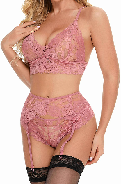 Sexy Valentines Lingerie Set for Women,3 Piece,Lace Bralette Bra and Panty Sets,Garter Belt Lingerie Apparel & Accessories > Clothing > Underwear & Socks > Lingerie Dewinya   