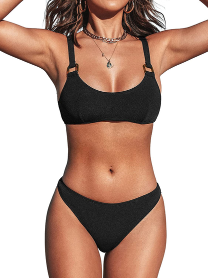 CUPSHE Women's Square Ring Tank Low Waisted Bikini Middle Cut Back Hook Swimsuit with Adjustable Straps Apparel & Accessories > Clothing > Swimwear CUPSHE Black Medium 