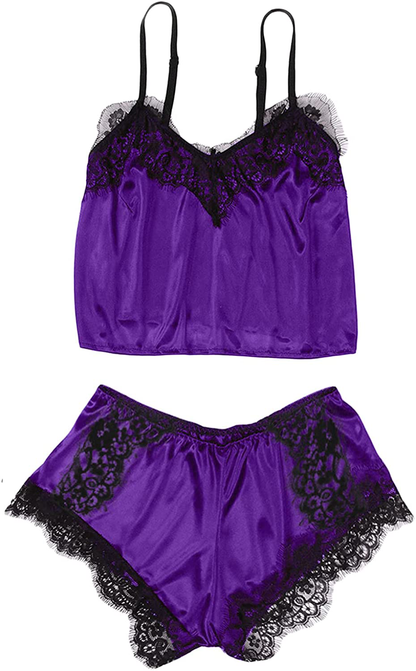 Lace Trim Satin Pajama Set for Women Sexy Cami Top and Shorts Cute Sleepwear V Neck Silk Nightwear Lingeries Sets Apparel & Accessories > Clothing > Sleepwear & Loungewear Kylie Max   