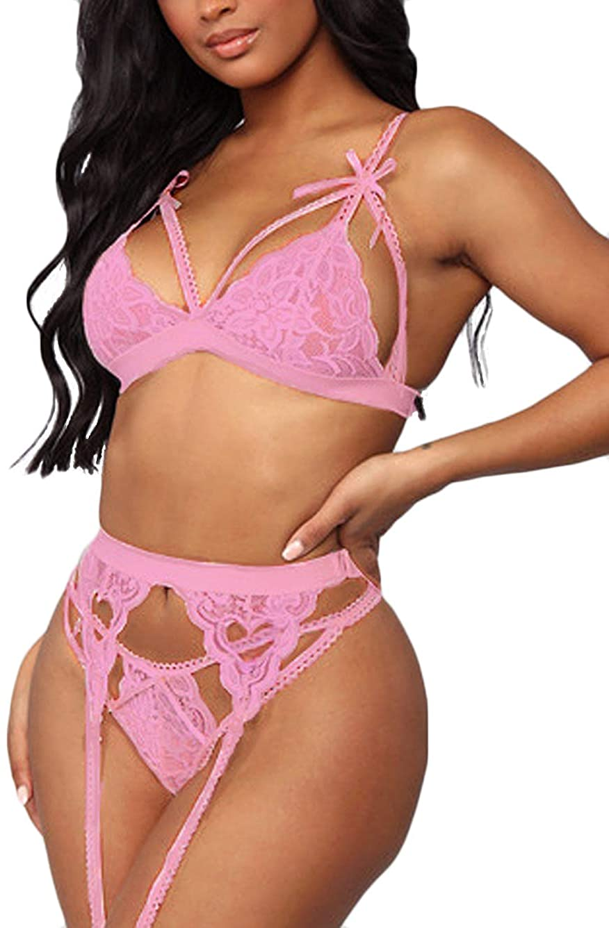 Kaei&Shi Sexy Lingerie for Women, Heart Lingerie Set with Garter Belt, Lace Bondage Lingerie Bra and Panty Sets Apparel & Accessories > Clothing > Underwear & Socks > Lingerie Kaei&Shi Pink#2 Large 