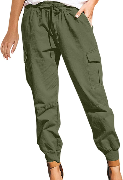 Burband Womens Cotton Elastic Waist Tactical Joggers Pants Cargo Sweatpants with Pockets Hiking Linen Yoga Lounge Trousers Apparel & Accessories > Clothing > Underwear & Socks > Shapewear Burband Army Green XX-Large 