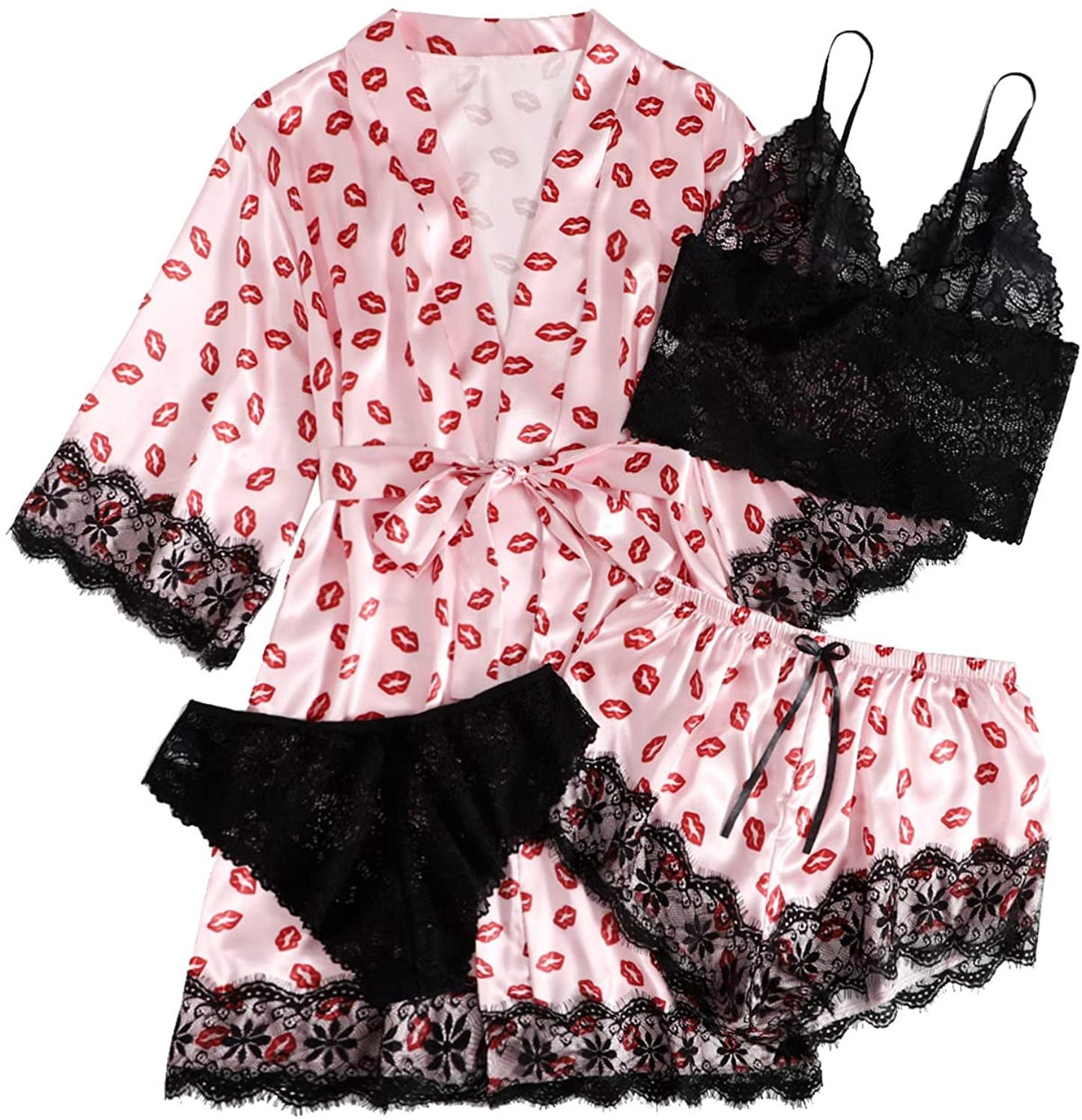 WDIRARA Women'S 4 Pieces Satin Floral Lace Cami Top Lingerie Pajama Set with Robe Apparel & Accessories > Clothing > Underwear & Socks > Lingerie WDIRARA Pink Black Lip X-Small 