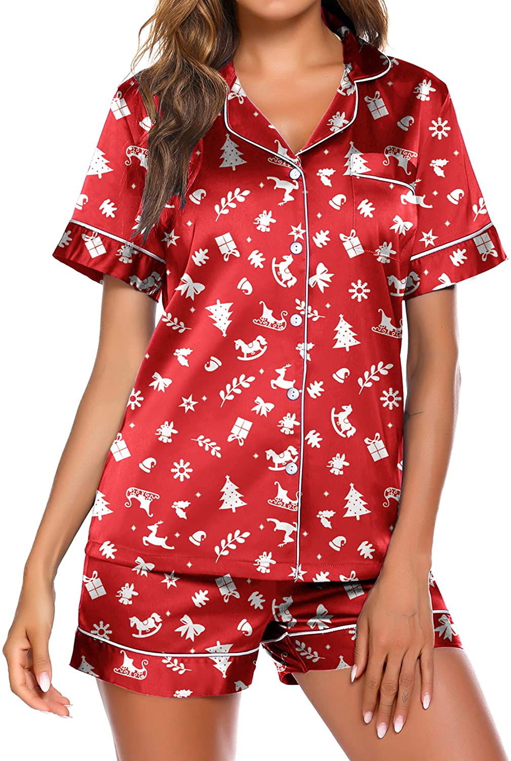 Ekouaer Satin Pajamas Women'S Short Sleeve Sleepwear Soft Silk Button down Loungewear Pjs Shorts Set S-XXL Apparel & Accessories > Clothing > Sleepwear & Loungewear Kylie Max   