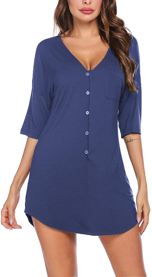 Ekouaer Nightgown Button down Nightshirt Short V Neck Night Shirts Womens Boyfriend Sexy Sleepwear S-XXL Apparel & Accessories > Clothing > Sleepwear & Loungewear > Nightgowns Kylie Max   