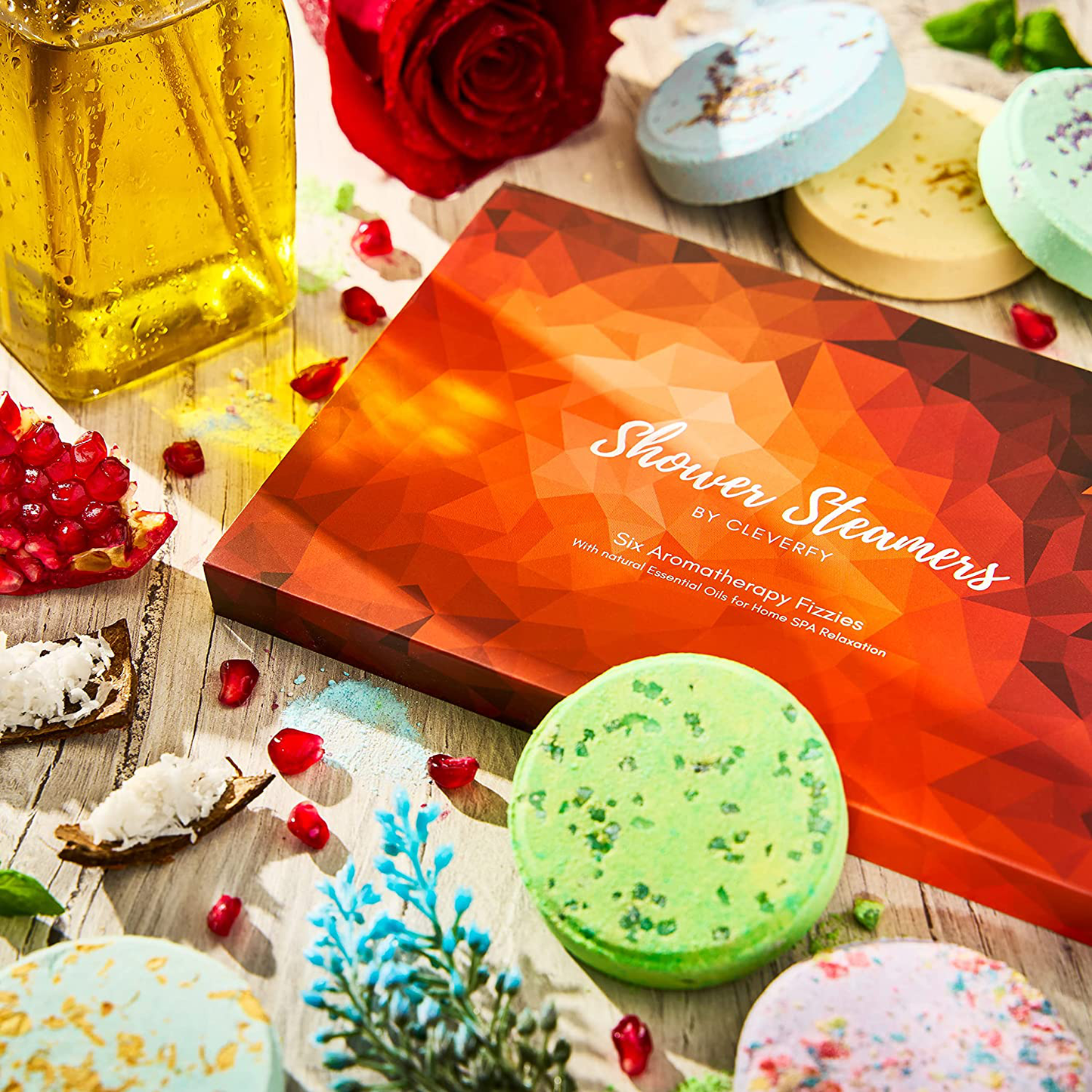 Cleverfy Shower Steamers Aromatherapy - Variety Pack of 6 Shower Bombs. Red Set: Peppermint, Lavender, Pomegranate & Rose, Vanilla & Sweet Orange, Menthol & Eucalyptus, Lemongrass & Coconut Arts & Entertainment > Party & Celebration > Gift Giving CLEVERFY   