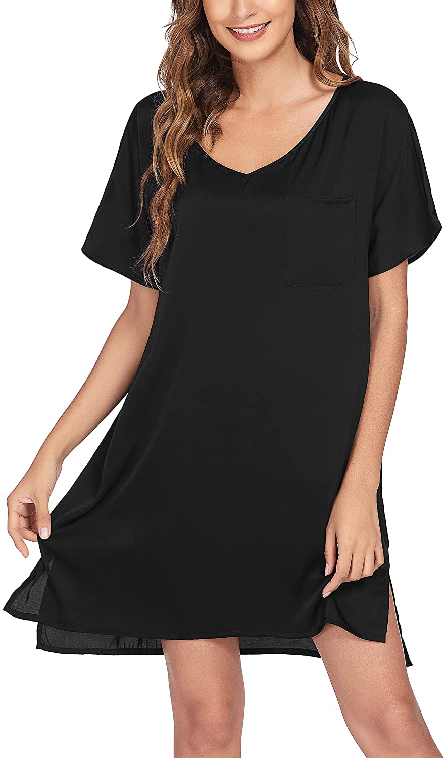 Ekouaer Women'S Satin Nightgowns V Neck Side Split Sleepshirt Short Sleeves Sleepwear Chest Pocket Nightshirt S-XXL Apparel & Accessories > Clothing > Sleepwear & Loungewear > Nightgowns Kylie Max   