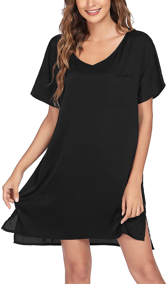 Ekouaer Women'S Satin Nightgowns V Neck Side Split Sleepshirt Short Sleeves Sleepwear Chest Pocket Nightshirt S-XXL Apparel & Accessories > Clothing > Sleepwear & Loungewear > Nightgowns Kylie Max   