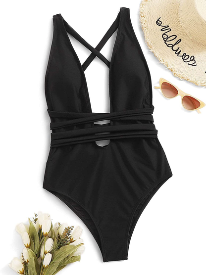 Sweatyrocks Women'S Sexy Basic Criss Cross Tie Knot Front Deep V Open Back One Piece Swimwear Apparel & Accessories > Clothing > Swimwear Kylie Max   
