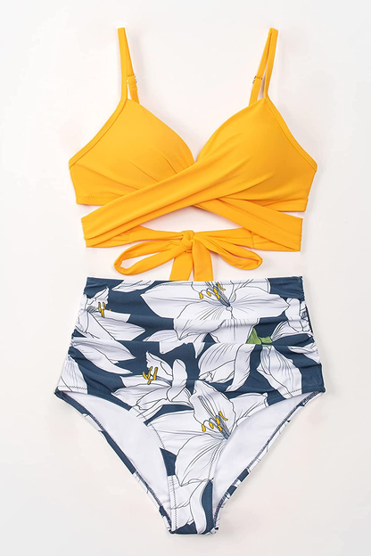CUPSHE Women's High Waist Bikini Swimsuit Floral Print Tie Two Piece Bathing Suit Apparel & Accessories > Clothing > Swimwear CUPSHE   
