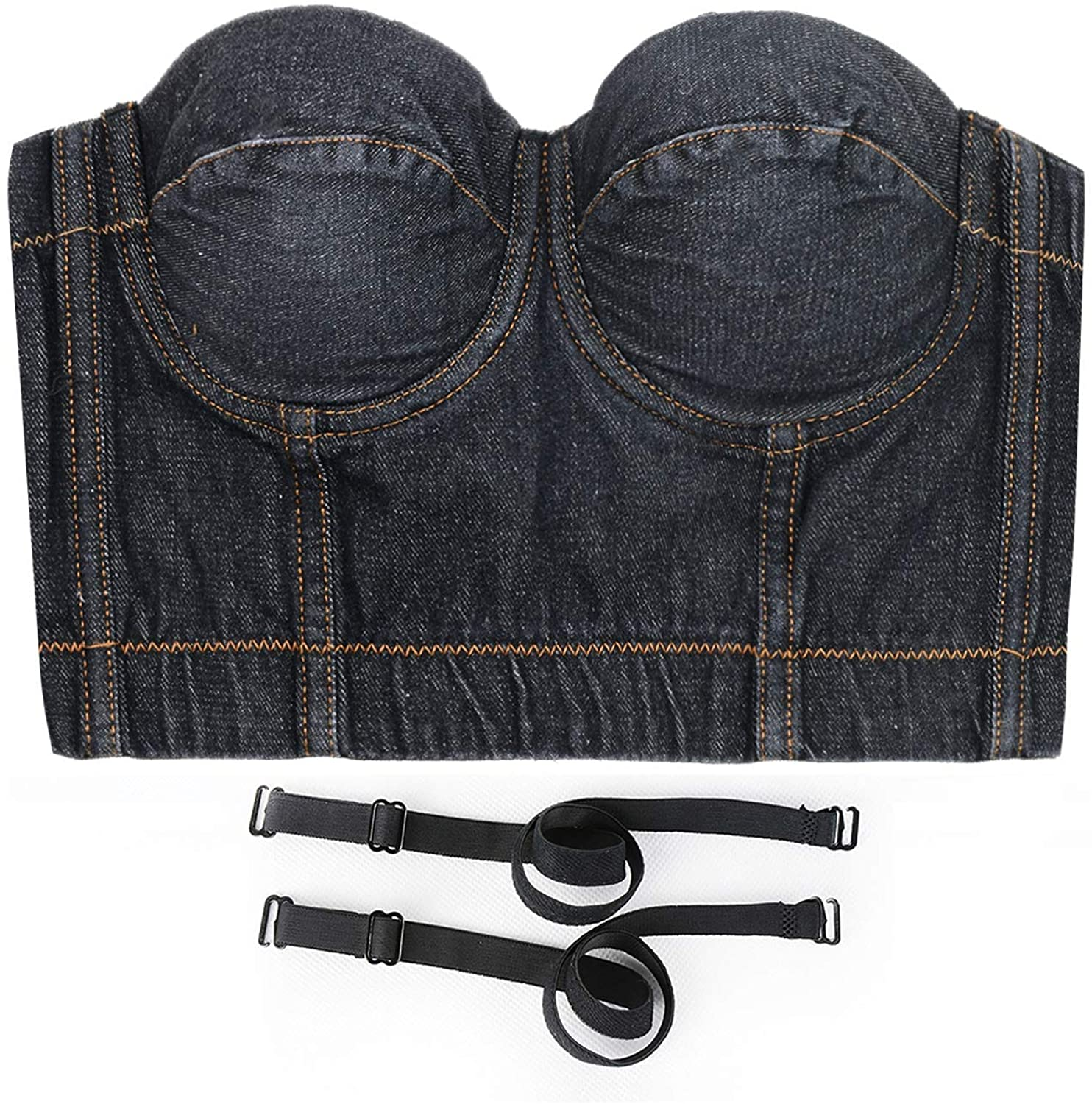 ELLACCI Women'S Denim Bustier Crop Top Jean Corset Top Bra with Detachable Straps Apparel & Accessories > Clothing > Underwear & Socks > Lingerie ELLACCI   