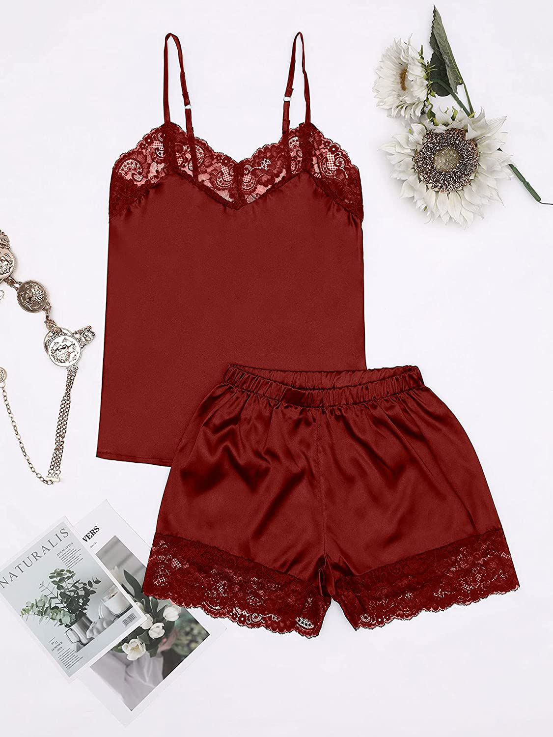 Sofia'S Choice Women'S Lace Trim Satin Pajama Sets Cami Top and Shorts Sleepwear Apparel & Accessories > Clothing > Sleepwear & Loungewear Kylie Max   
