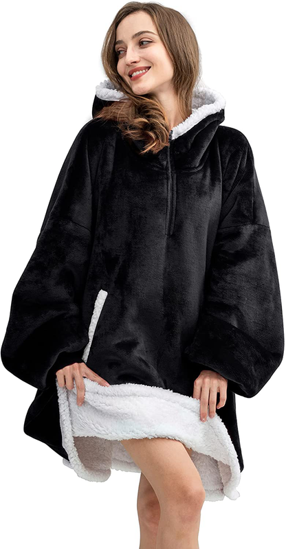 HBlife Oversized Long Wearable Blanket Hoodie for Adult, Thick Sherpa Sweatshirt with Elastic Sleeves and Giant Pockets Super Warm and Cozy Fuzzy Plush Fleece Blanket Jacket, Blue Arts & Entertainment > Party & Celebration > Gift Giving HBlife Black Adult-Short 