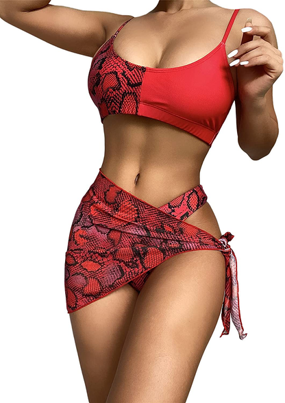 SOLY HUX Women's Wrap Triangle Bikini Bathing Suits with Mesh Beach Skirt 3 Piece Swimsuits Apparel & Accessories > Clothing > Swimwear KYLIE MAX Red Snack Skin Large 