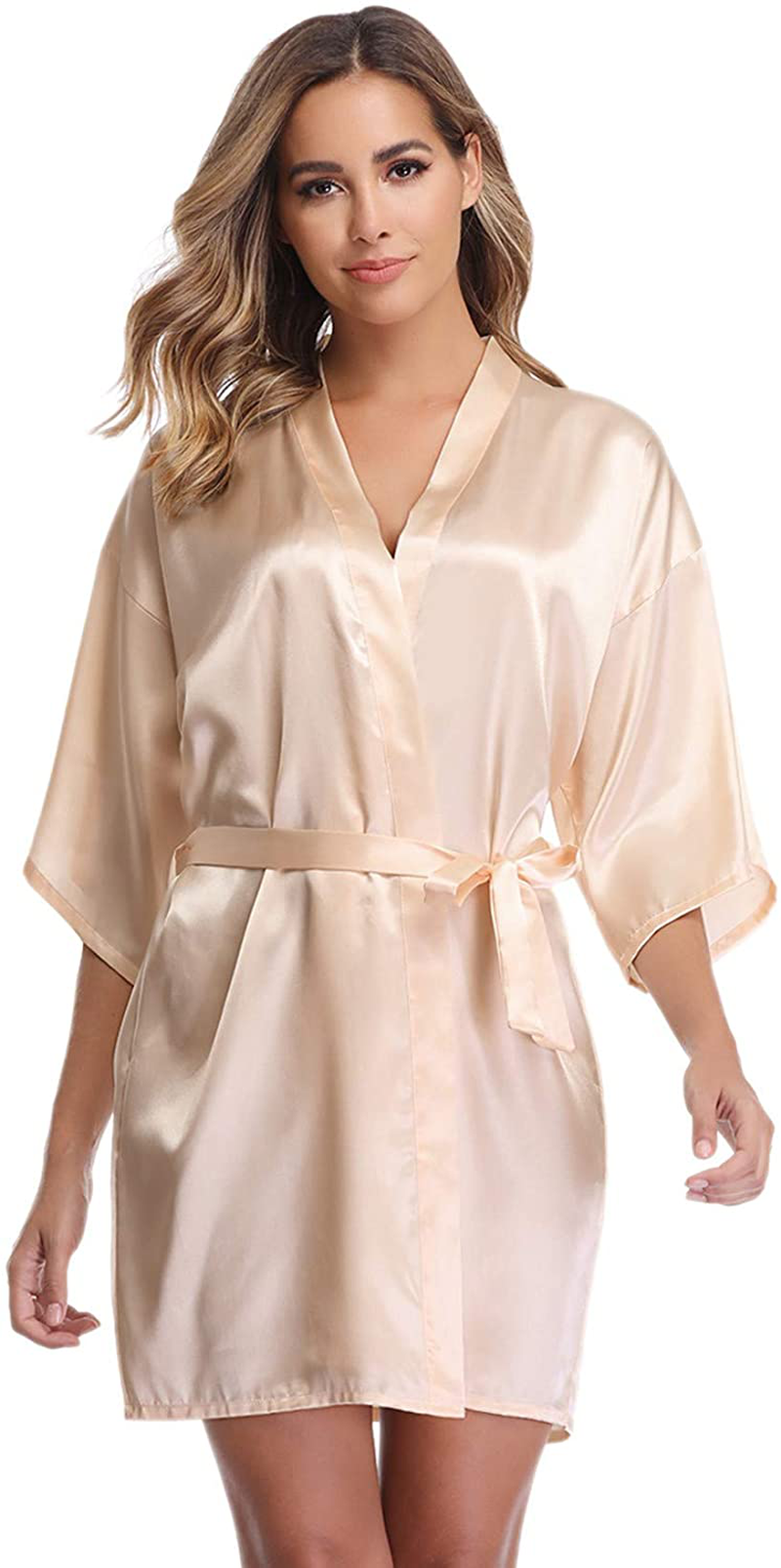 Vlazom Women'S Kimono Robes Short Satin Pure Color Bridal Party Robe with Oblique V-Neck Apparel & Accessories > Clothing > Sleepwear & Loungewear > Robes KYLIE MAX Beige XX-Large 