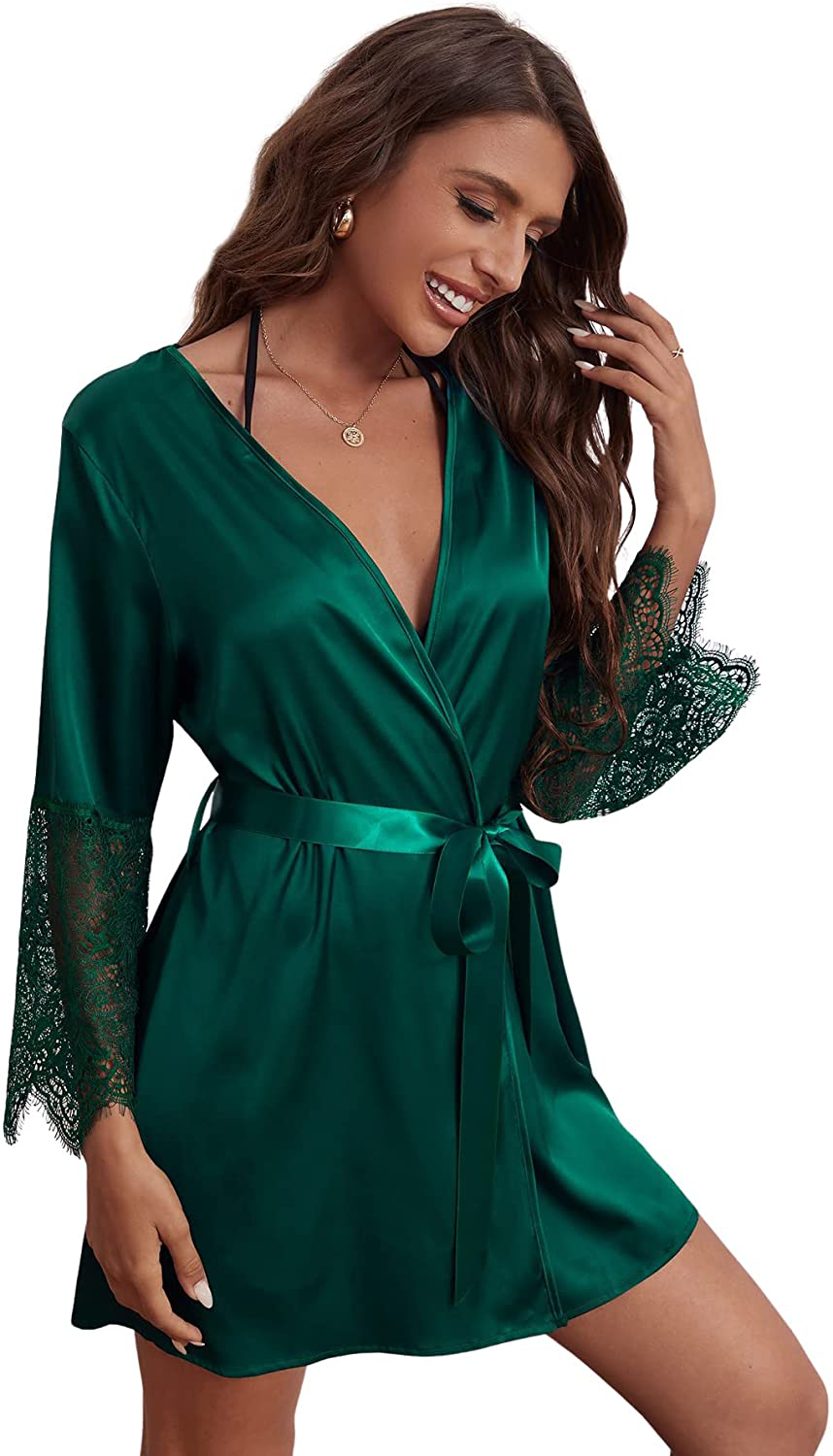 WDIRARA Women'S Satin Leopard Print Lace Trim Long Sleeve Belted Night Robe Apparel & Accessories > Clothing > Sleepwear & Loungewear > Robes WDIRARA Dark Green Large 