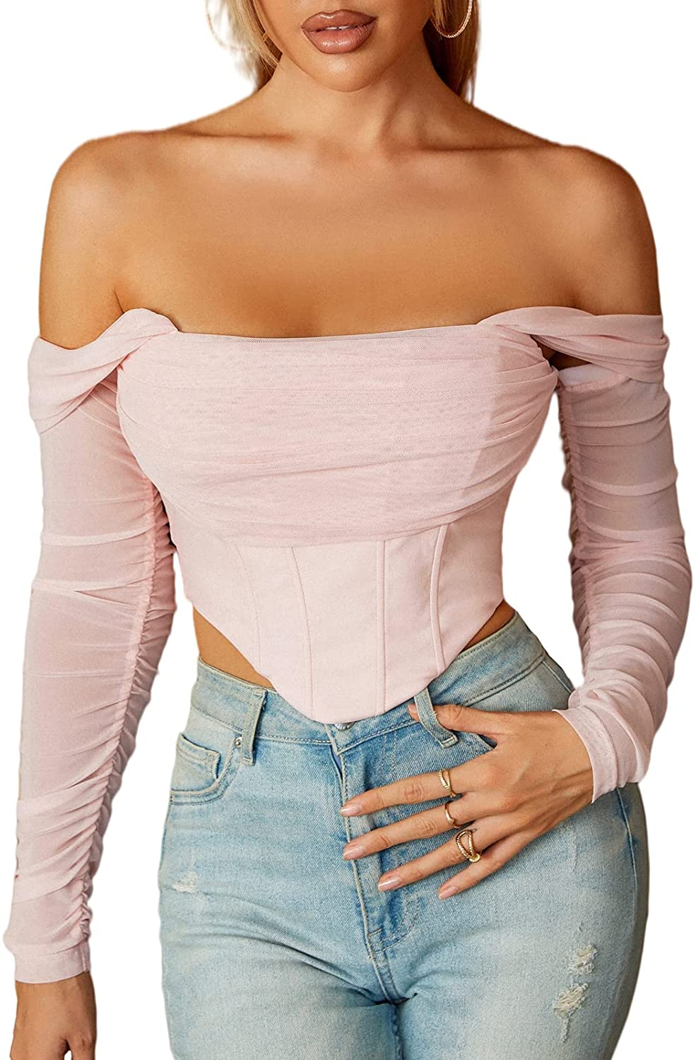 Mesh Sheer Long Sleeve Corset Crop Top Ruched off Shoulder Blouse Push up Party Boned Bustier for Cute Women Trendy Apparel & Accessories > Clothing > Underwear & Socks > Lingerie Parthea Pink 0-2 