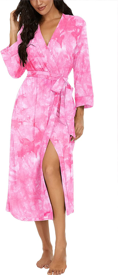 VINTATRE Women Kimono Robes Long Knit Bathrobe Lightweight Soft Knit Sleepwear V-Neck Casual Ladies Loungewear Apparel & Accessories > Clothing > Sleepwear & Loungewear > Robes VINTATRE Tie Dye Rose Red Large 