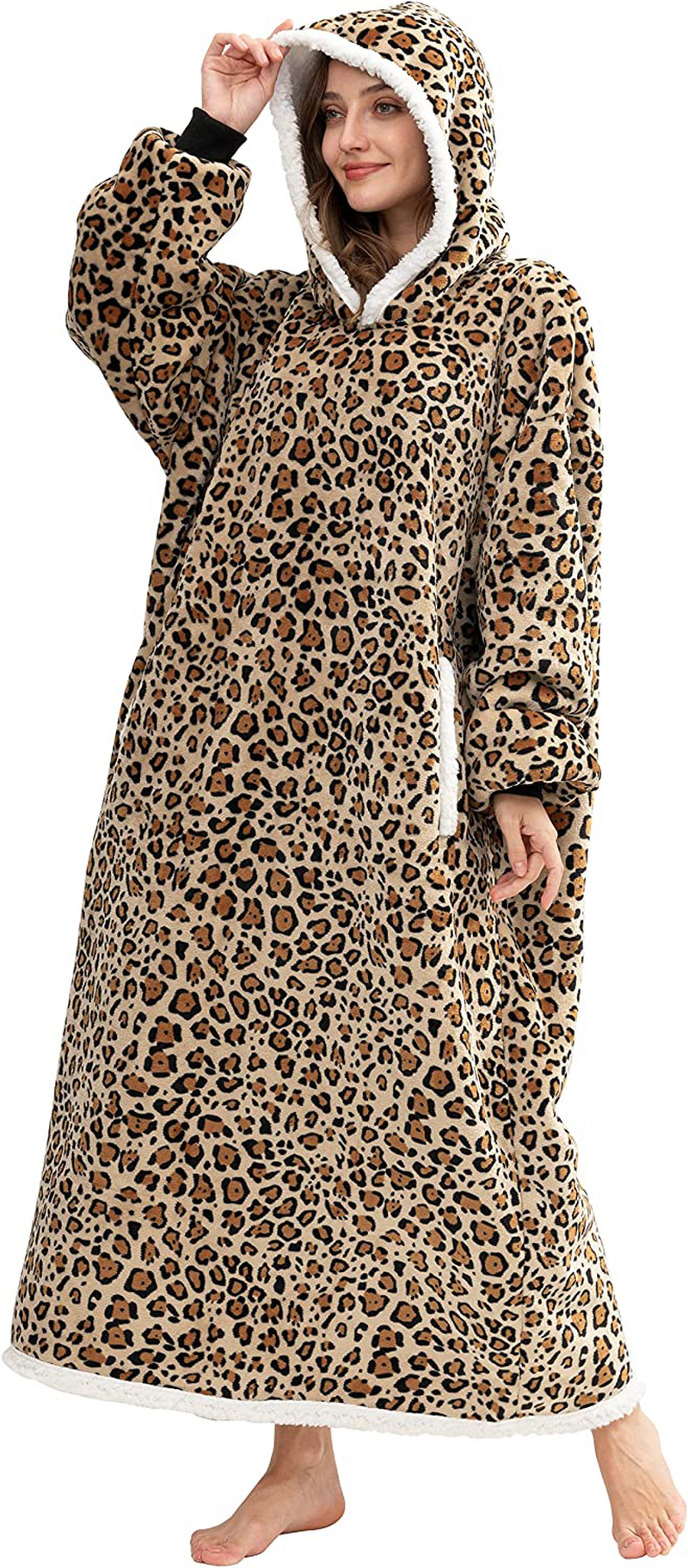 HBlife Oversized Long Wearable Blanket Hoodie for Adult, Thick Sherpa Sweatshirt with Elastic Sleeves and Giant Pockets Super Warm and Cozy Fuzzy Plush Fleece Blanket Jacket, Blue Arts & Entertainment > Party & Celebration > Gift Giving HBlife Leopard Adult-Long 