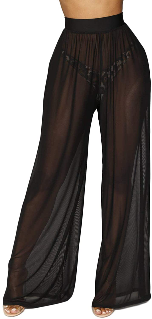 Awoscut Women See through Sheer Mesh Pants Beach Swimsuit Bikini Bottom Cover up Party Club Elastic High Waist Wide Leg Pants Apparel & Accessories > Clothing > Swimwear Kylie Max   