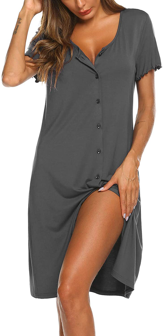 Ekouaer Women'S Nightshirt Short Sleeve Button down Nightgown V-Neck Sleepwear Pajama Dress Apparel & Accessories > Clothing > Sleepwear & Loungewear > Nightgowns Kylie Max   