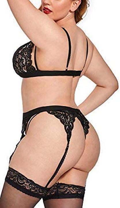 Women plus Size Lingerie Set with Garter Belt 3 Piece Sexy Strap Bra and Panty Lace Bodysuit Apparel & Accessories > Clothing > Underwear & Socks > Lingerie KYLIE MAX   