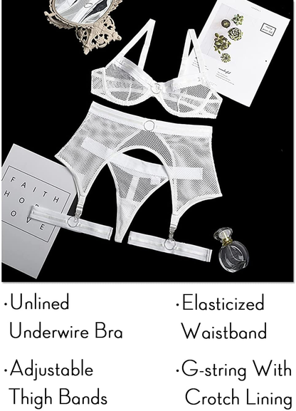 Kaei&Shi Fishnet Mesh Sheer,Underwire,G-String,Thigh Straps,4 Piece Garter Lingerie Apparel & Accessories > Clothing > Underwear & Socks > Lingerie Kaei&Shi   
