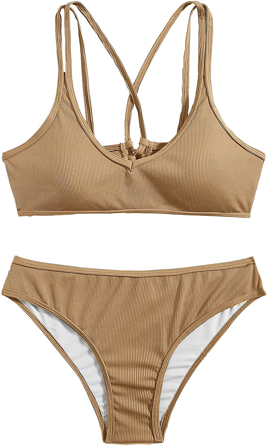 SweatyRocks Women's Bathing Suits Spaghetti Strap Criss Cross Back Bikini Ribbed Swimsuit Apparel & Accessories > Clothing > Swimwear SweatyRocks Apricot Small 