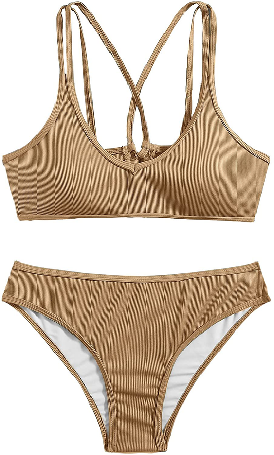 SweatyRocks Women's Bathing Suits Spaghetti Strap Criss Cross Back Bikini Ribbed Swimsuit Apparel & Accessories > Clothing > Swimwear SweatyRocks Apricot Small 