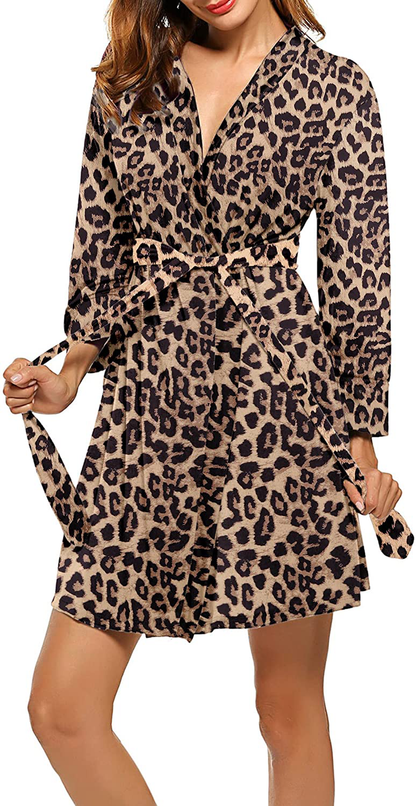 Hotouch Womens Robe Lightweight Kimono Robes Short Knit Bathrobe Soft Sleepwear Ladies Loungewear S-XXL Apparel & Accessories > Clothing > Sleepwear & Loungewear > Robes Hotouch Leopard Khaki XX-Large 