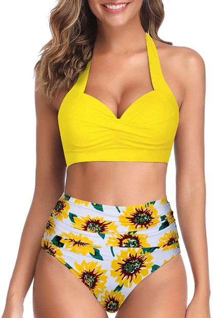 Tempt Me Women Vintage Swimsuit Two Piece Retro Halter Ruched High Waist Bikini Apparel & Accessories > Clothing > Swimwear KYLIE MAX Sun Flower Small 
