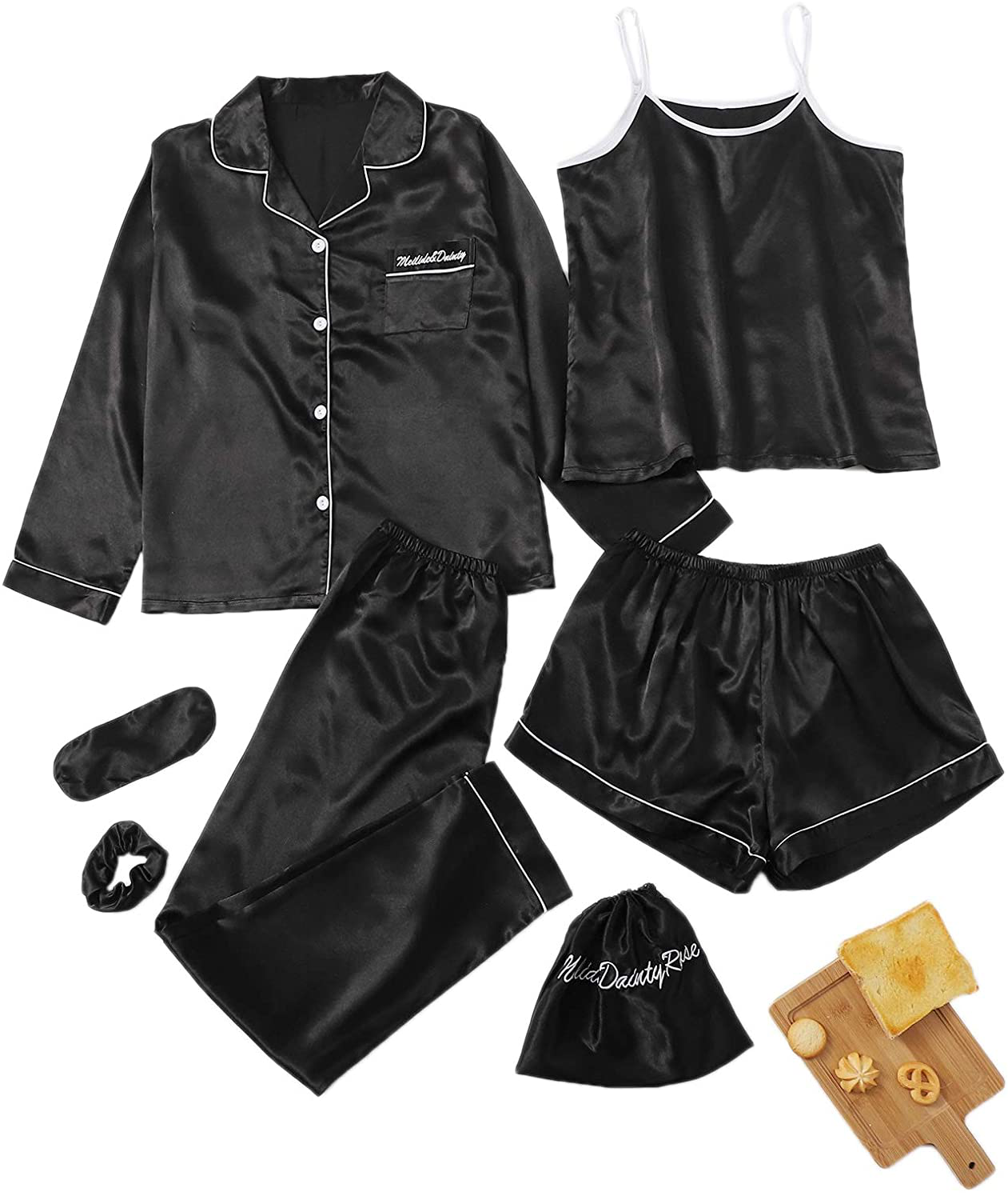 Shein Women'S 7Pcs Printed Cami and Shorts Satin Pajama Set with Shirt and Eye Mask Apparel & Accessories > Clothing > Sleepwear & Loungewear Kylie Max   